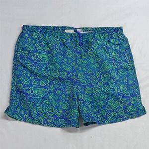 Vtg 90s‎ Pro Spirit Small x 4" Blue Green Print Pull On Mesh Lined Swim Shorts